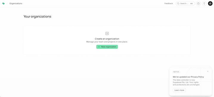 Organizationの新規作成を促す画面