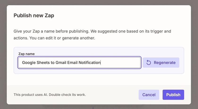 Zap名を設定して公開する「Publish new Zap」画面