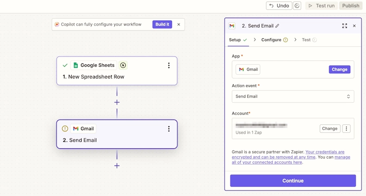 GmailのAction設定画面