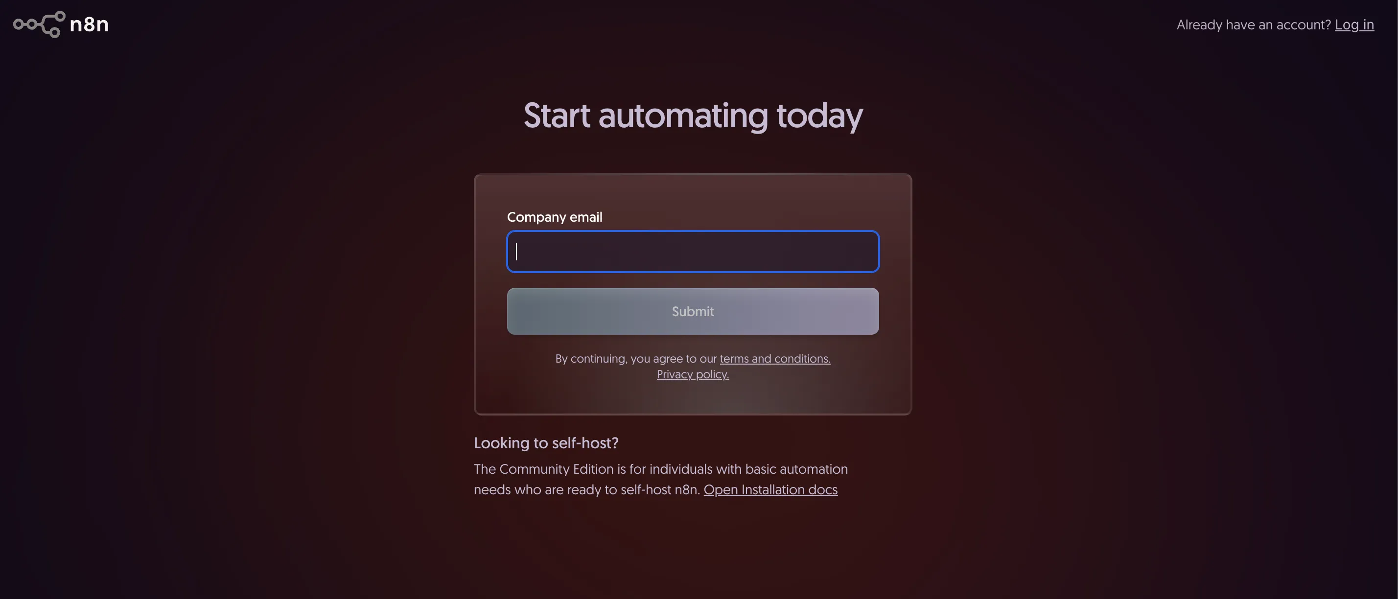 「Get Started」を押すと表示されるn8nのアカウント登録画面
