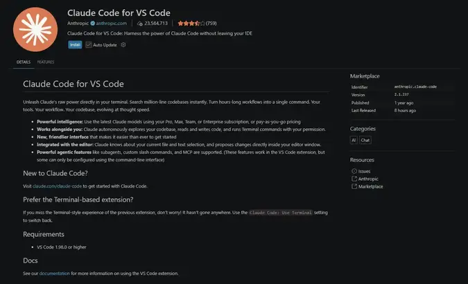 VS Code MarketplaceでAnthropic公式のClaude Code for VS Code拡張機能をインストールする画面