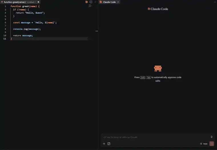VS Codeのコードエディタ横にClaude Codeパネルを表示した画面
