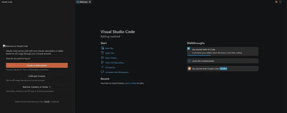 VS Code上のClaude Codeでログイン方法を選択するサインイン画面