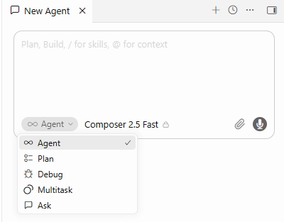 CursorでAgent・Plan・Debug・Askを切り替える画面