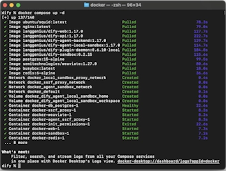docker compose up -dの実行後、Difyの各コンテナイメージがPullされ起動している画面
