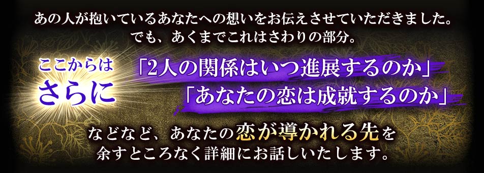 あの人が抱いているあなたへの想いをお伝えさせていただきました。でも、あくまでこれはさわりの部分。ここからはさらに「2人の関係はいつ進展するのか」「あなたの恋は成就するのか」などなど、あなたの恋が導かれる先を余すところなく詳細にお話しいたします。