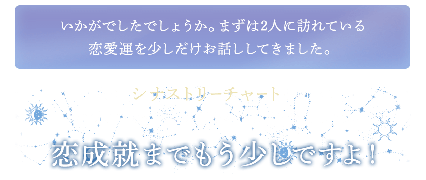 いかがでしたでしょうか。まずは2人に訪れている恋愛運を少しだけお話ししてきました。次に、シナストリーチャートを用いてあの人の想いを全て明らかにしていきましょう。恋愛成就までもう少しですよ!