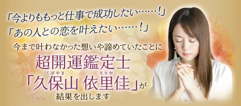 「今よりももっと仕事で成功したい・・・・・・!」「あの人との恋を叶えたい・・・・・・!」今まで叶わなかった想いや諦めていたことに超開運鑑定士「久保山依里佳くぼやまえりか」が結果を出します