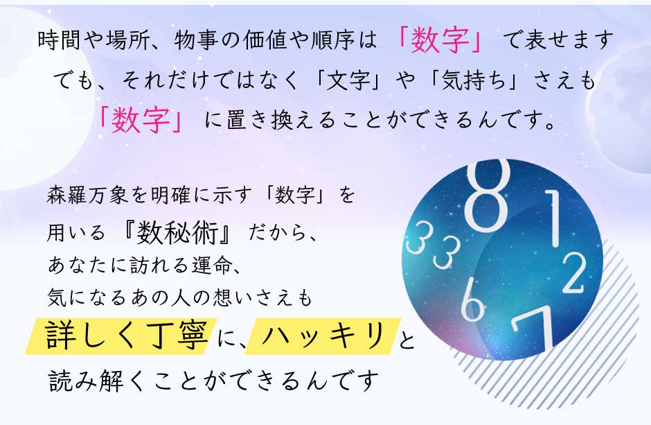 時間や場所、物事の価値や順序は「数字」で表せます でも、それだけではなく「文字」や「気持ち」さえも「数字」に置き換えることができるんです。 森羅万象を明確に示す「数字」を用いる「数秘術」だから、あなたに訪れる運命、気になるあの人の想いさえも詳しく丁寧に、ハッキリと読み解くことができるんです