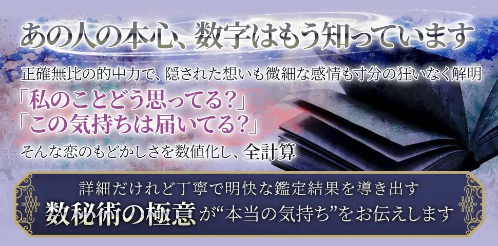 あの人の本心、数字はもう知っています正確無比の的中力で、隠された想いも微細な感情も寸分の狂いなく解明「私のことどう思ってる？」「この気持ちは届いてる？」そんな恋のもどかしさを数値化し、全計算詳細だけれど丁寧で明快な鑑定結果を導き出す数秘術の極意が“本当の気持ち”をお伝えします