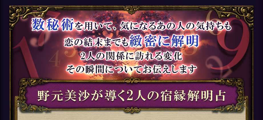 数秘術を用いて、気になるあの人の気持ちも恋の結末までも緻密に解明2人の関係に訪れる変化その瞬間についてお伝えします野元美沙が導く2人の宿縁解明占