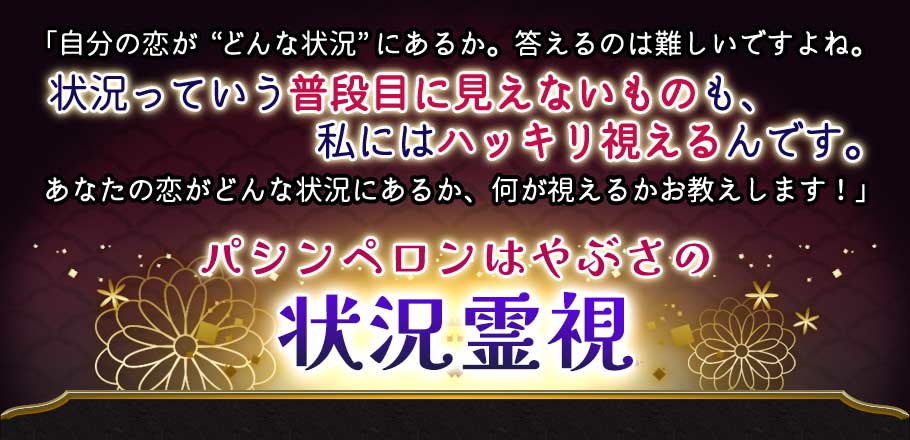 「自分の恋が“どんな状況”にあるか。答えるのは難しいですよね。状況っていう普段目に見えないものも、私にはハッキリ視えるんです。あなたの恋がどんな状況にあるか、何が視えるかお教えします!」 パシンペロンはやぶさの≪状況霊視≫
