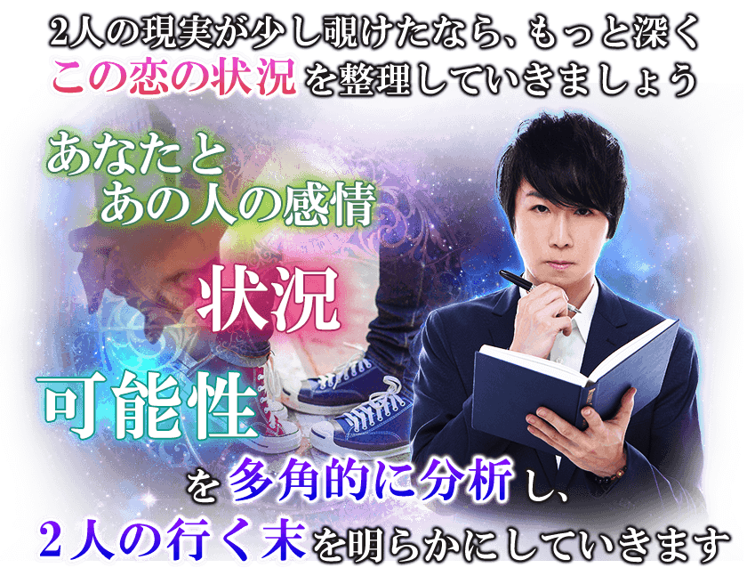 2人の現実が少し覗けたなら、もっと深くこの恋の状況を整理していきましょう あなたとあの人の感情、状況、可能性を多角的に分析し、2人の行く末を明らかにしていきます