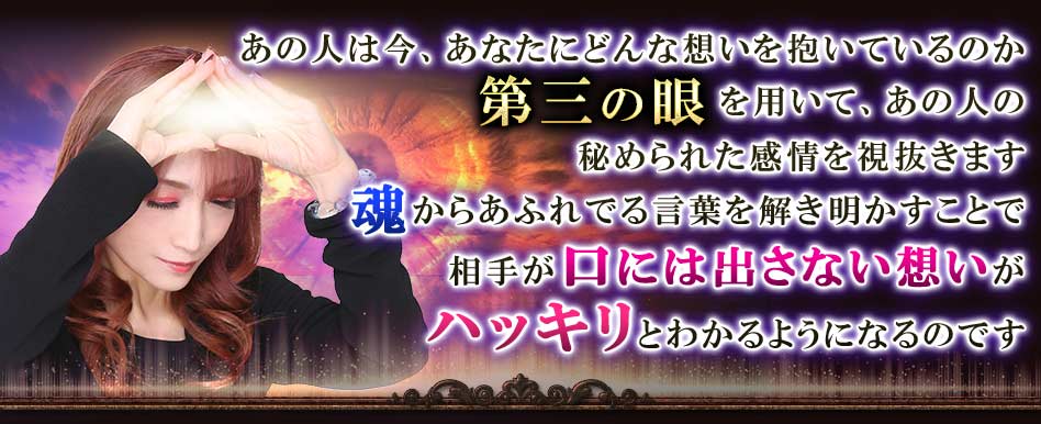 あの人は今、あなたにどんな想いを抱いているのか第三の眼を用いて、あの人の秘められた感情を視抜きます 魂からあふれでる言葉を解き明かすことで相手が口には出さない想いがハッキリとわかるようになるのです