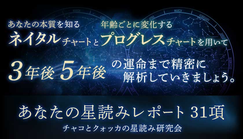 あなたの本質を知るネイタルチャートと年齢ごとに変化するプログレスチャートを用いて3年後5年後の運命まで精密に解析していきましょう。あなたの星読みレポート31項チャコとクォッカの星読み研究会