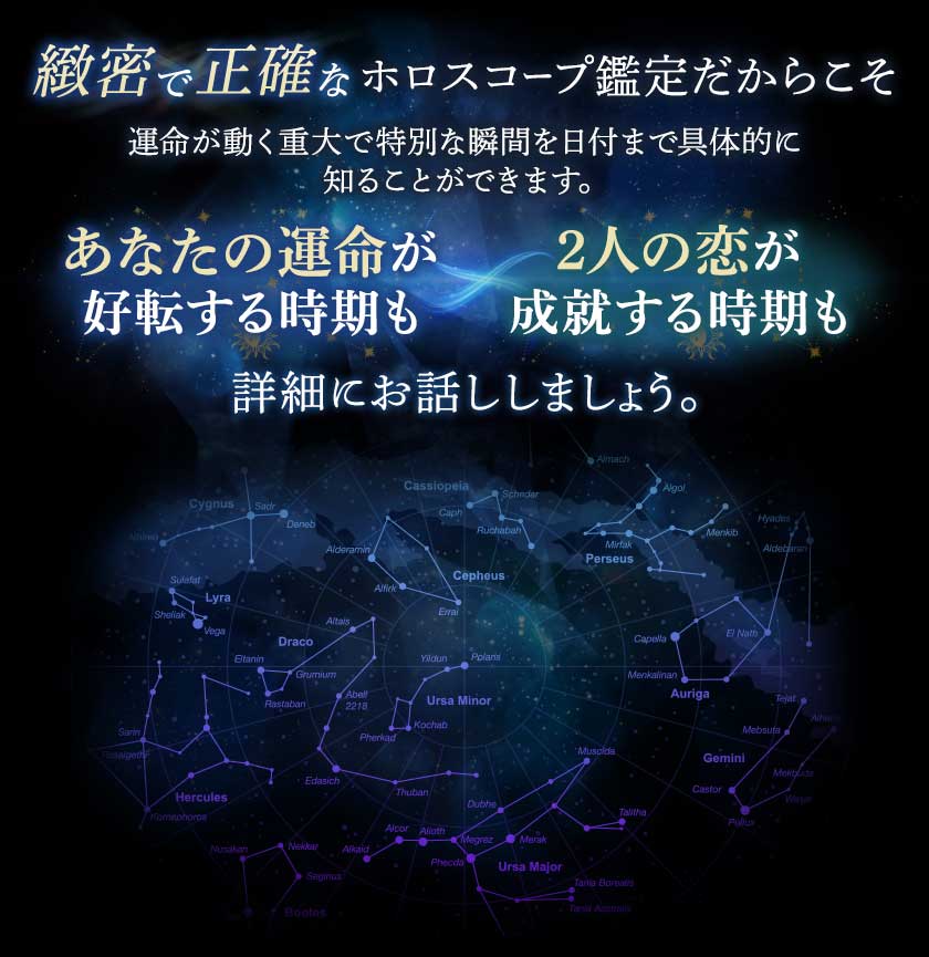 緻密で性格なホロスコープ鑑定だからこそ運命で動く重大で特別な瞬間を日付まで具体的に知ることができます。あなたの運命が好転する時期も2人の恋が成就する時期も詳細にお話しましょう。