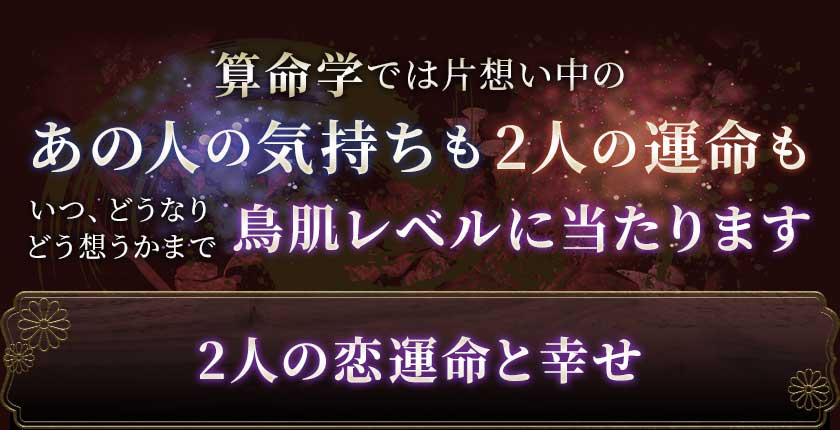 算命学では片思い中のあの人の気持ちも2人の運命もいつ、どうなりどう想うかまで鳥肌レベルに当たります2人の恋運命と幸せ