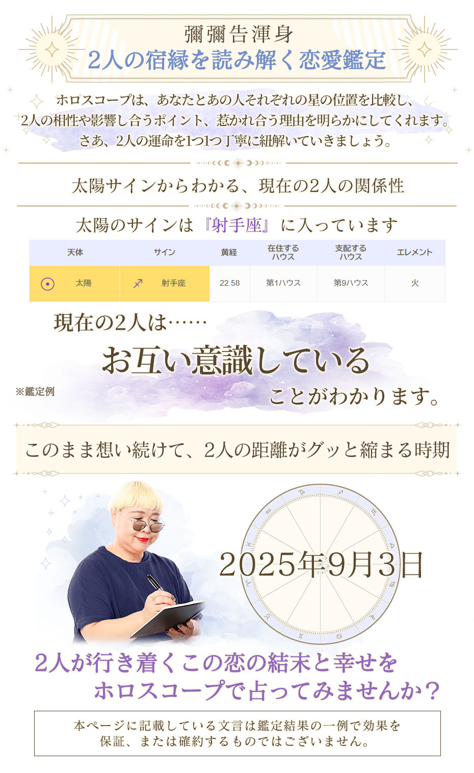 彌彌告渾身 2人の宿縁を読み解く恋愛鑑定 ホロスコープは、あなたとあの人それぞれの星の位置を比較し、2人の相性や影響し合うポイント、惹かれ合う理由を明らかにしてくれます。さあ、2人の運命を1つ1つ丁寧に紐解いていきましょう。 太陽サインからわかる、現在の2人の関係性 太陽のサインは『射手座』に入っています 天体 太陽 サイン 射手座 黄経 22.58 在生するハウス 第1ハウス 支配するハウス 第9ハウス エレメント 火 現在の2人は……お互い意識していることがわかります。 ※鑑定例 このまま想い続けて、2人の距離がグッと縮まる時期 2025年9月3日 2人が行き着くこの恋の結末と幸せをホロスコープで占ってみませんか? 本ページに記載している文言は鑑定結果の一例で効果を保証、または確約するものではございません。